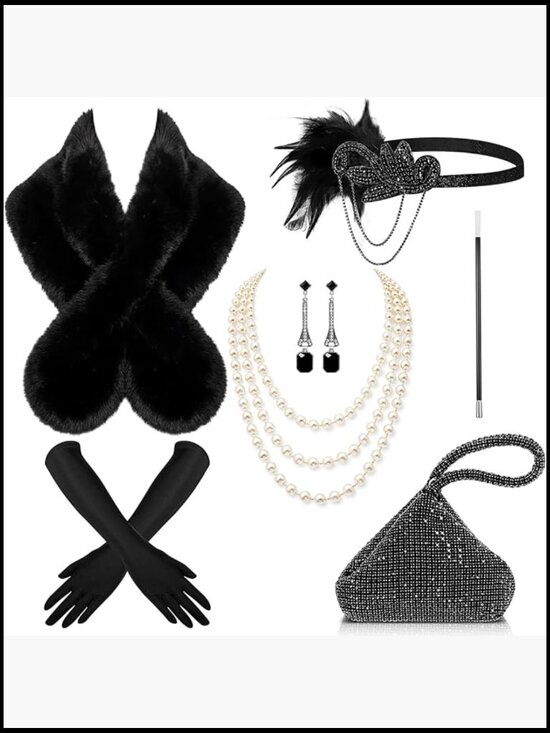 Accessories - 1920s Flapper Accessory Set Faux Fur Shawl Clutch Gloves Jewelry Set
